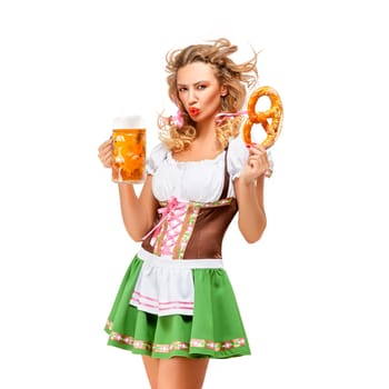 Creative concept photo of Oktoberfest waitress wearing a traditional Bavarian costume with beer and pretzel isolated on white background.