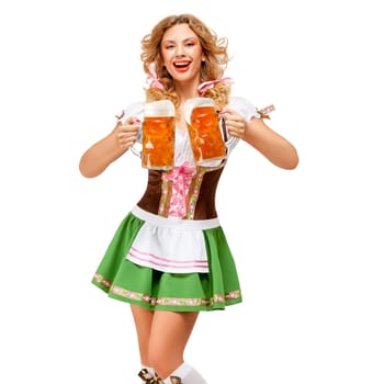 Creative concept photo of Oktoberfest waitress wearing a traditional Bavarian costume with beer isolated on white background.