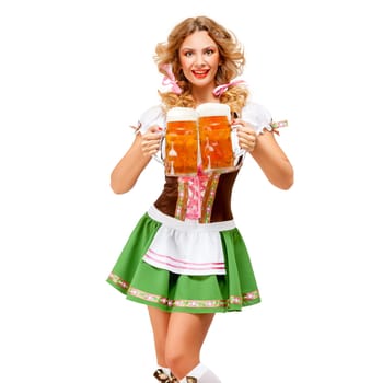 Creative concept photo of Oktoberfest waitress wearing a traditional Bavarian costume with beer isolated on white background.