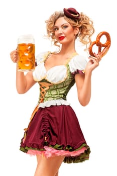 Creative concept photo of Oktoberfest waitress wearing a traditional Bavarian costume with beer and pretzel isolated on white background.