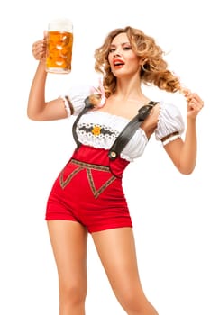 Creative concept photo of Oktoberfest waitress wearing a traditional Bavarian costume with beer isolated on white background.