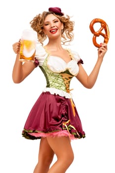 Creative concept photo of Oktoberfest waitress wearing a traditional Bavarian costume with beer and pretzel isolated on white background.