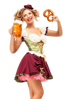 Creative concept photo of Oktoberfest waitress wearing a traditional Bavarian costume with beer and pretzel isolated on white background.