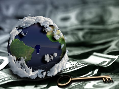 Globe with keyhole and key on US dollars.