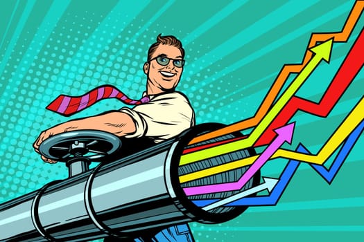 Businessman opens the pipe, graphics grow up. Pop art retro vector illustration kitsch vintage