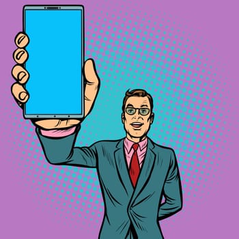 businessman shows a smartphone. Gadgets and technologies. Pop art retro illustration vintage kitsch drawing