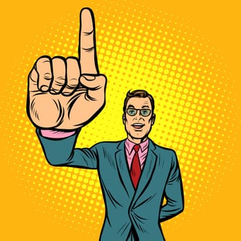 attention gesture man. index finger up. Pop art retro illustration vintage kitsch drawing