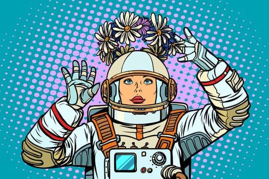Life and spring concept. A wreath in the weightlessness of an astronaut woman. Pop art retro vector illustration kitsch vintage