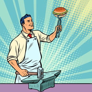 Cook blacksmith forges a Burger on the anvil. Fast food. Pop art retro illustration vintage kitsch drawing