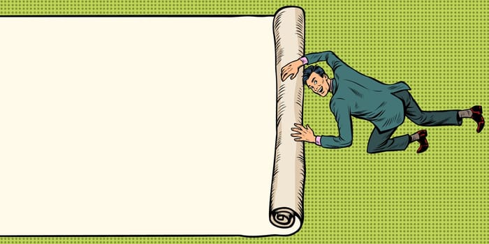man unfolds folds paper background copy space. Pop art retro illustration vintage kitsch drawing