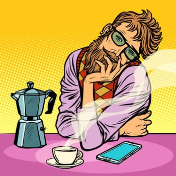 hipster man morning coffee. Pop art retro vector illustration vintage kitsch