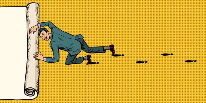 man unfolds folds paper background copy space. Pop art retro illustration vintage kitsch drawing
