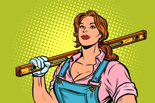 female construction worker with level. Pop art retro vector illustration vintage kitsch