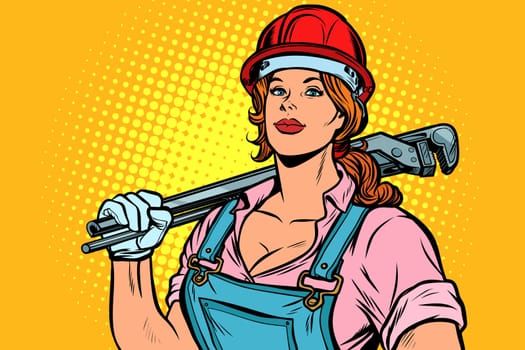 Pop art woman plumber mechanic with wrench, retro vector illustration vintage kitsch