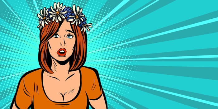 surprised alarmed woman in a wreath of wild flowers. Pop art retro vector illustration kitsch vintage