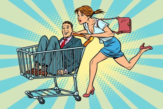 woman bought a groom, shopping cart trolley sale. Pop art retro vector illustration vintage kitsch