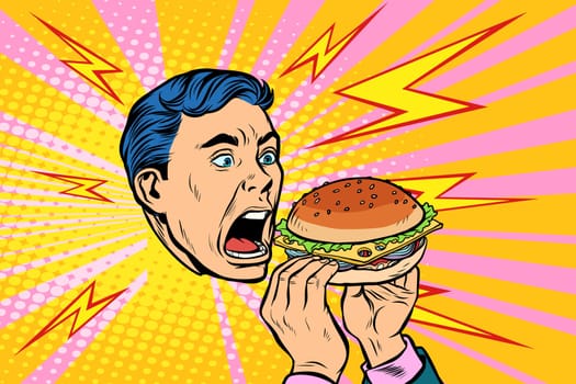 man eating Burger. Pop art retro vector illustration kitsch vintage