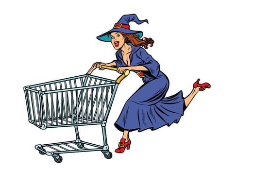 Halloween witch. isolate on white background. shopping cart trolley sale. Pop art retro vector illustration vintage kitsch