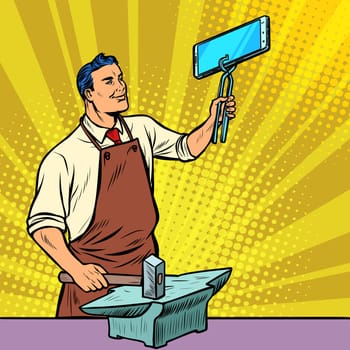 Businessman blacksmith forges smartphone on anvil. Gadgets and technologies. Pop art retro illustration vintage kitsch drawing
