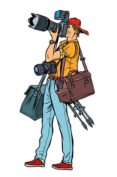 Professional photographer with camera and equipment. Isolate on white background. Pop art retro vector illustration vintage kitsch