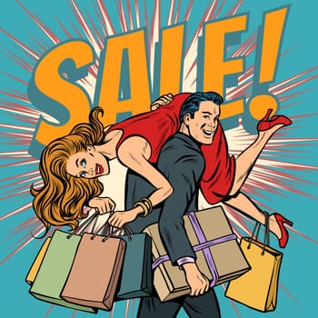 man carries woman in his arms, sale. Pop art retro illustration vintage kitsch drawing