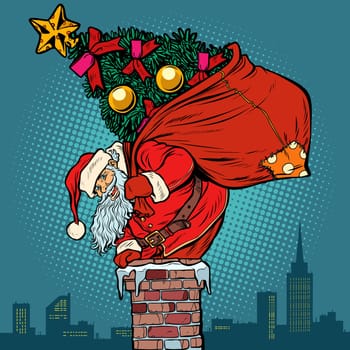 Santa Claus with a Christmas tree in a bag climbs the chimney. Pop art retro vector illustration vintage kitsch drawing