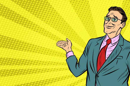businessman in VR glasses presents. Pop art retro vector illustration vintage kitsch