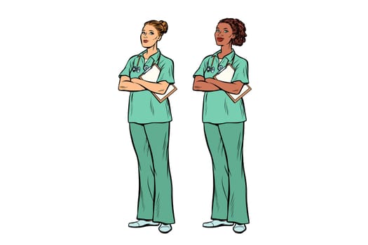 nurse Caucasian and African. Medicine and health. Pop art retro vector illustration vintage kitsch