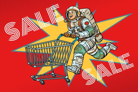 Astronaut on sale. shopping cart trolley. Pop art retro vector illustration vintage kitsch