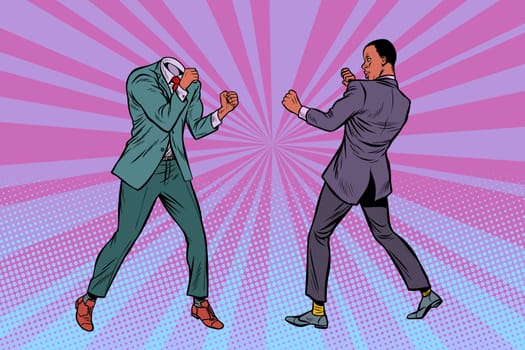 Two men businessman fighting. Pattern without head. African American people. Pop art retro vector illustration kitsch vintage