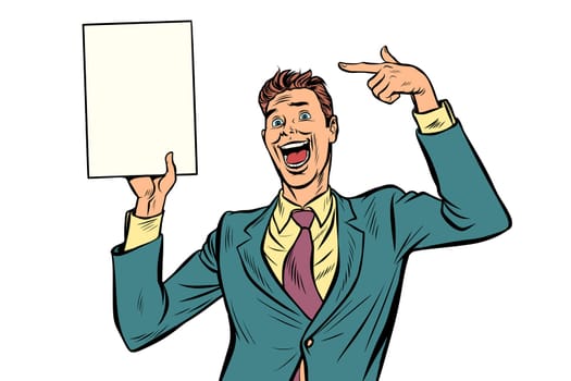 Businessman points at copy space poster. Isolate on white background. Pop art retro vector illustration vintage kitsch