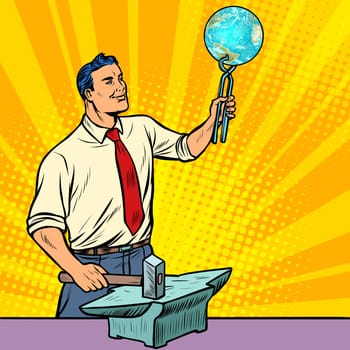 The scientist forges on the anvil of knowledge about planet earth. Pop art retro illustration vintage kitsch drawing