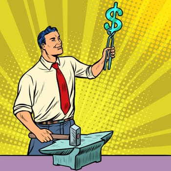 Businessman blacksmith forges money on the anvil. Pop art retro illustration vintage kitsch drawing