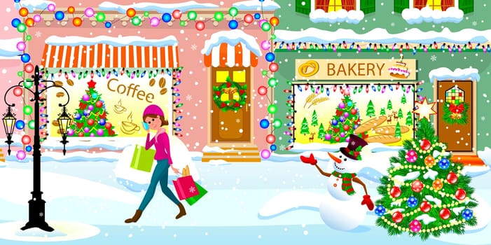 A young woman walks with shopping bags over a snow-covered street on Christmas Eve. A woman is walking along a snowy city street.  City street, decorated for Christmas, a woman steps on the snow in the background of shops, a Christmas tree and a snowman.