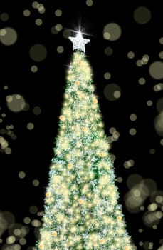 Conceptual image of decorated Christmas tree with colorful lights and ornaments