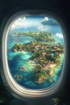 A breathtaking view of a secluded tropical island seen through an airplane window showcases its pristine beaches, vibrant greenery, and luxurious resorts.