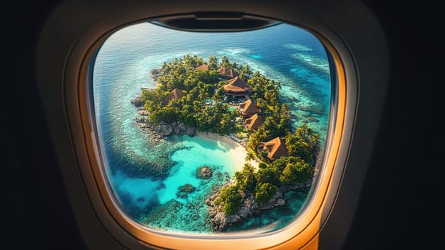 Looking out from an airplane window, a breathtaking view of a tropical island reveals pristine beaches, vibrant turquoise waters, and charming resort villas nestled among palm trees, highlighting a perfect getaway.