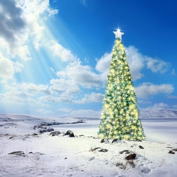 Conceptual image of decorated Christmas tree with colorful lights and ornaments