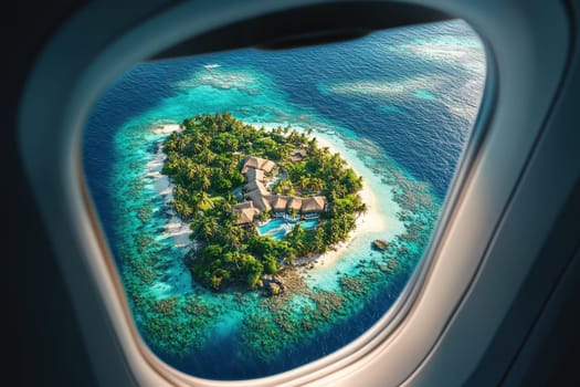 Overlooking a stunning tropical island, a luxurious resort surrounded by vibrant greenery and soft white sands is captured from an airplane window. The blue waters and coral reefs enhance the breathtaking view.