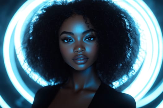 A woman with voluminous curly hair stands confidently in front of glowing neon rings. The lighting highlights her features, creating an atmosphere of elegance and modernity while emphasizing her striking presence.