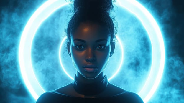 A striking portrait features a woman with curly hair illuminated by vibrant neon light circles against a misty backdrop. The artwork captures a blend of beauty and modernity, enhancing her expressive features at night.