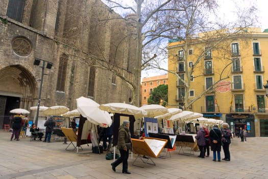 BARCELONA, SPAIN - MARCH 4: Exhibition of artists in the square in the center of Barcelona, Spain on March 4, 2018.