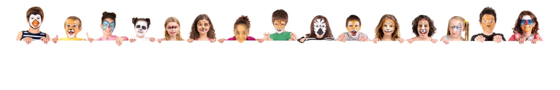 Children's group with animal face-paint over a white board