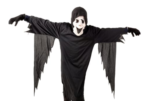 Kid with reaper mask in Halloween costume isolated in white