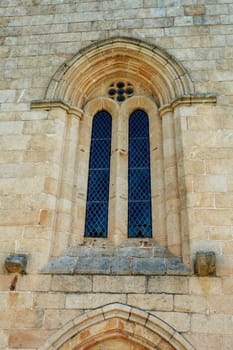 Early Gothic window with two panels and rose of the Cistercian Church of Santa Maria de Aguiar, near the historic village of Castelo Rodrigo, Portugal