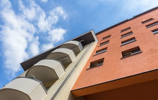 Residential multi-storey building. Bottom view.