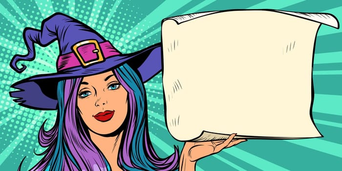 Announce Halloween Party. Beautiful witch. Pop art retro vector illustration vintage kitsch