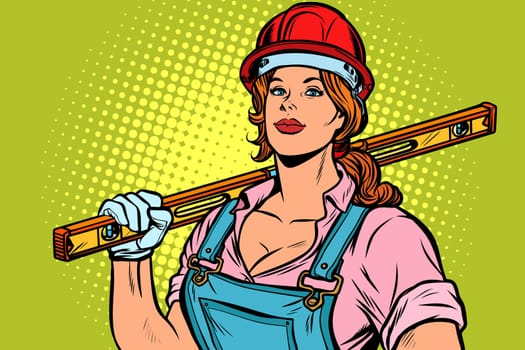Pop art woman Builder with level, retro vector illustration vintage kitsch