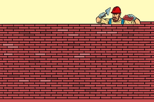 The Builder lays brick masonry at the top. Pop art retro vector illustration vintage kitsch