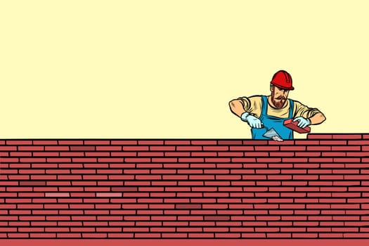 The Builder lays brick masonry in the middle. Pop art retro vector illustration vintage kitsch